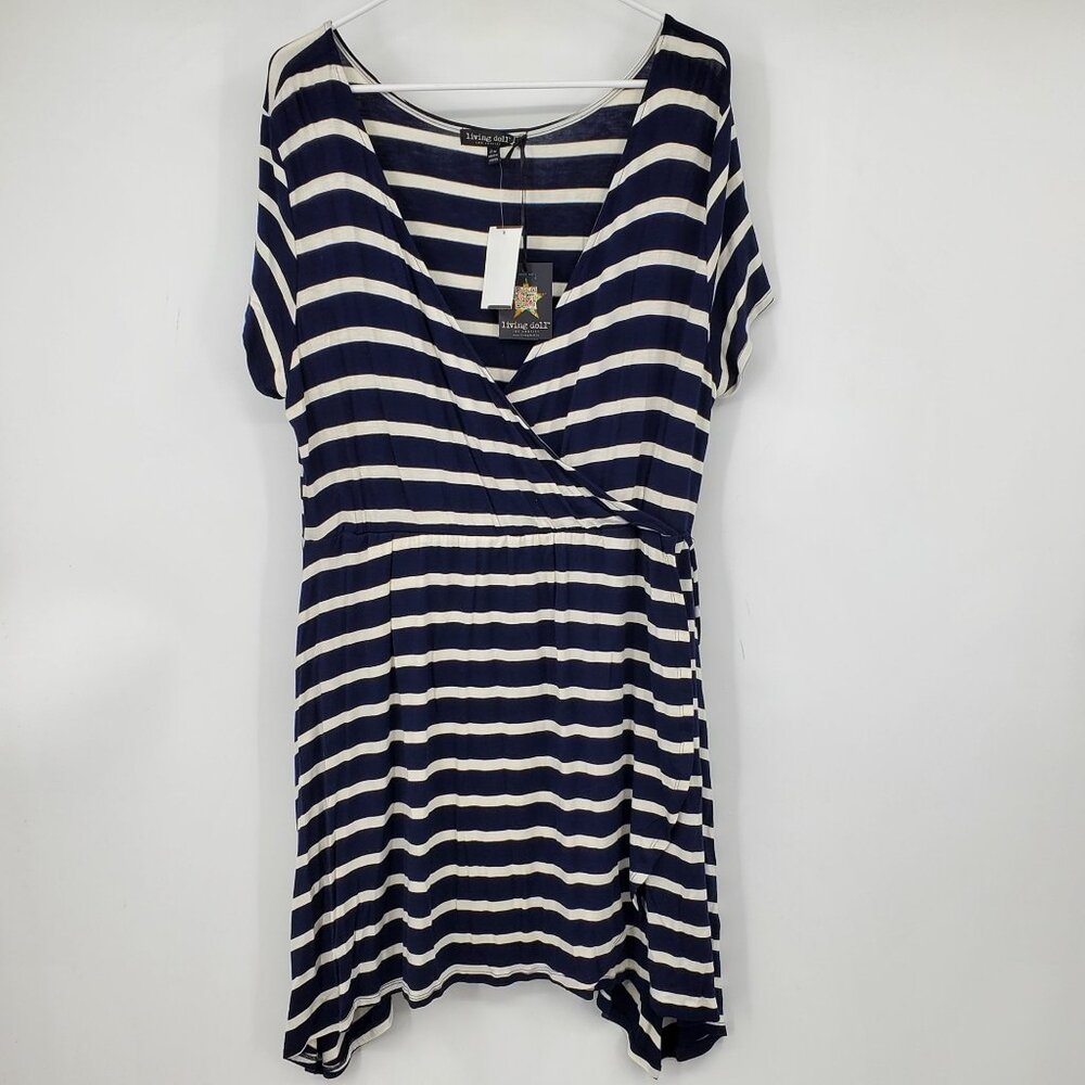 NWT Living Doll Navy Blue and White Surplice Neck Short Sleeve Above Knee Dress